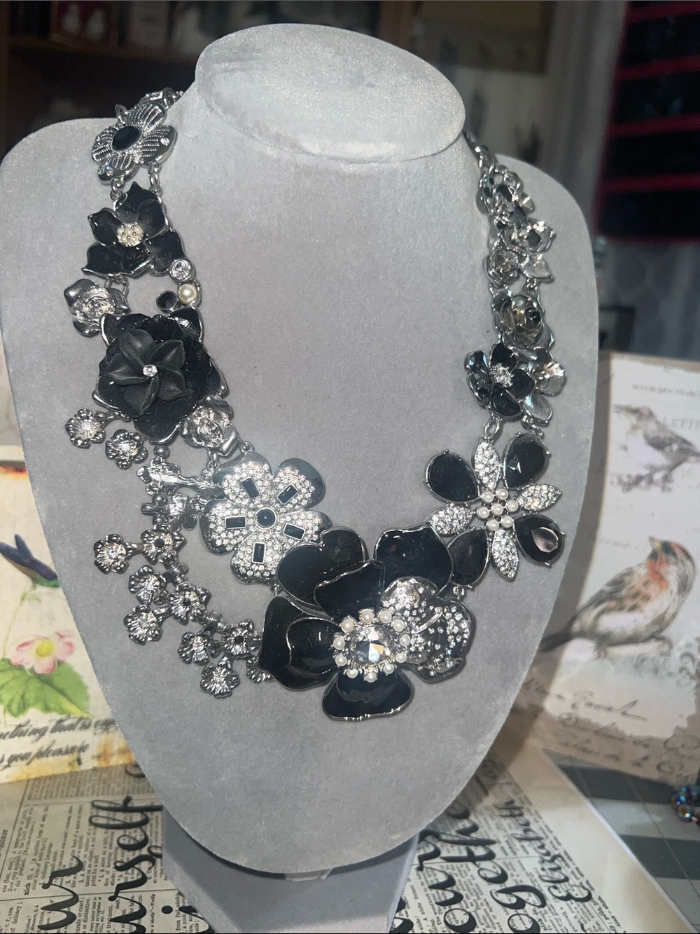 White House Black Market Faux Pearl Rose Statement Necklace